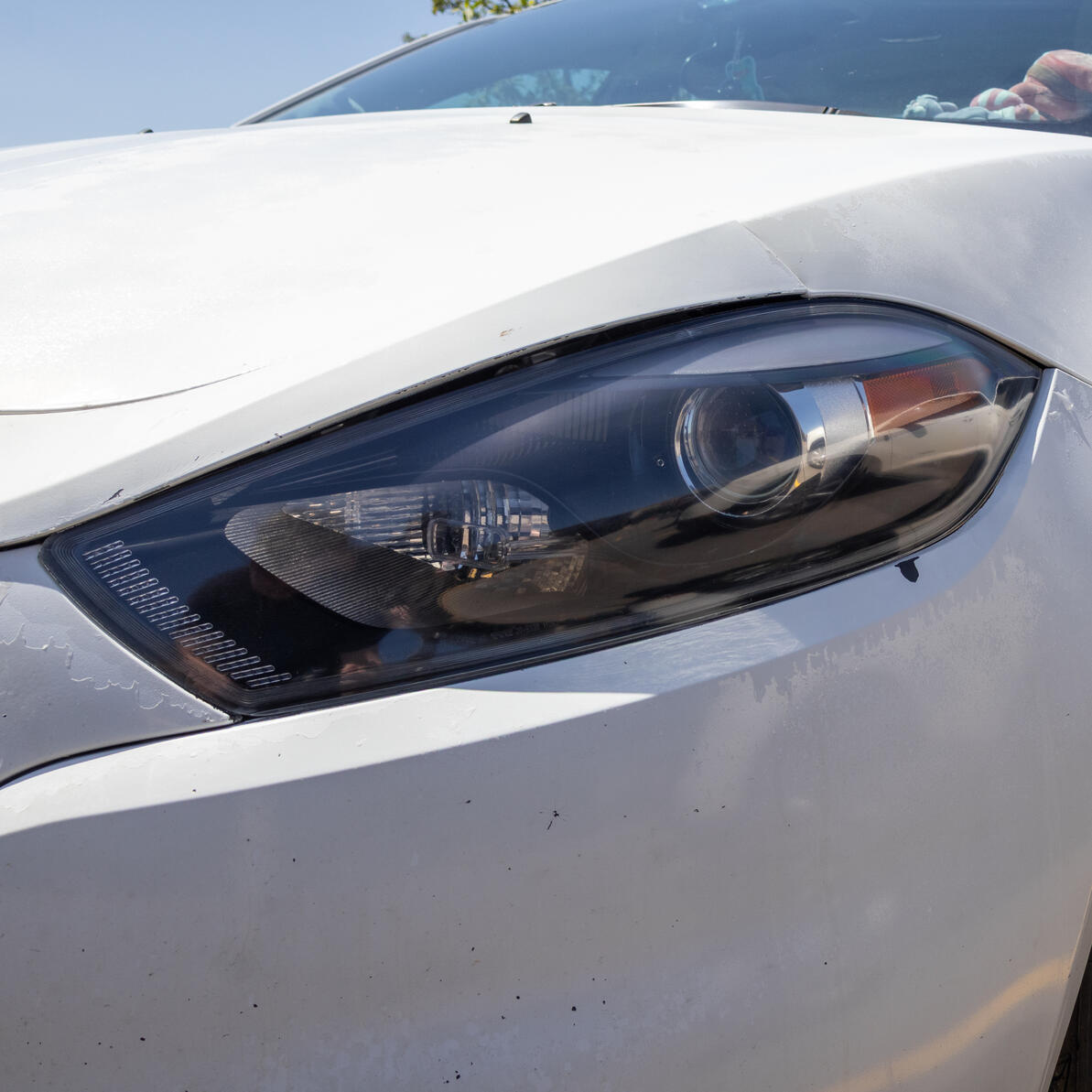 Headlight After A dodge dart headlight that has been restored, returning clarity, gloss, and visibility.